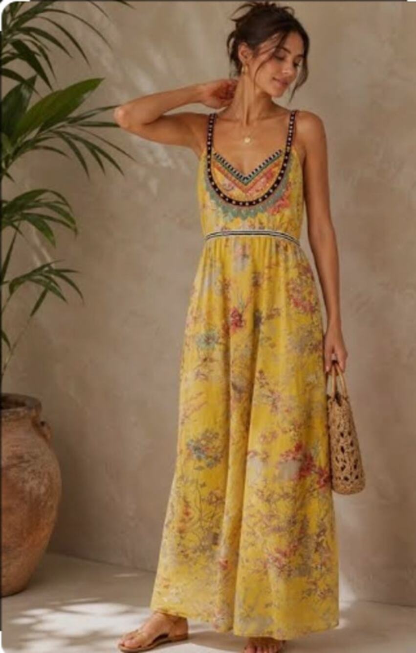 Vineet Bahl Anthropologie Yellow Floral Embroidery Maxi Dress ~ Sz 0 ~ LOVE!